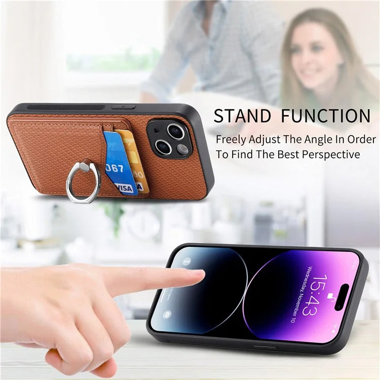 C1-8 For iPhone 14 Case Carbon Fiber PU Card Slots Phone Cover with Kickstand