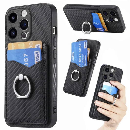 C1-8 For iPhone 14 Pro Kickstand Case Carbon Fiber Texture Phone Cover with Card Slots