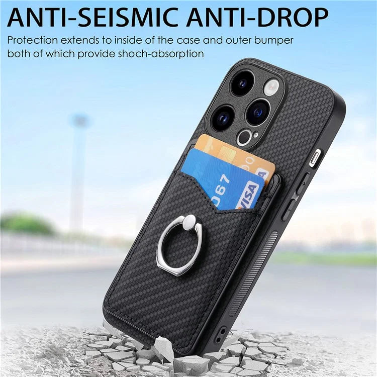 C1-8 For iPhone 14 Pro Kickstand Case Carbon Fiber Texture Phone Cover with Card Slots