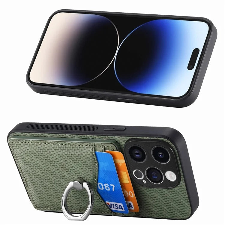 C1-8 For iPhone 14 Pro Kickstand Case Carbon Fiber Texture Phone Cover with Card Slots