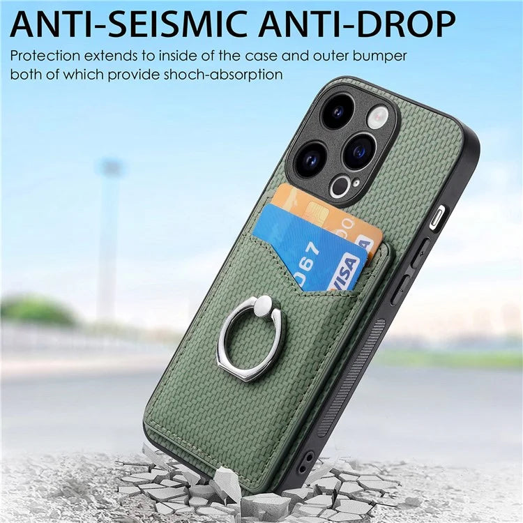 C1-8 For iPhone 14 Pro Kickstand Case Carbon Fiber Texture Phone Cover with Card Slots
