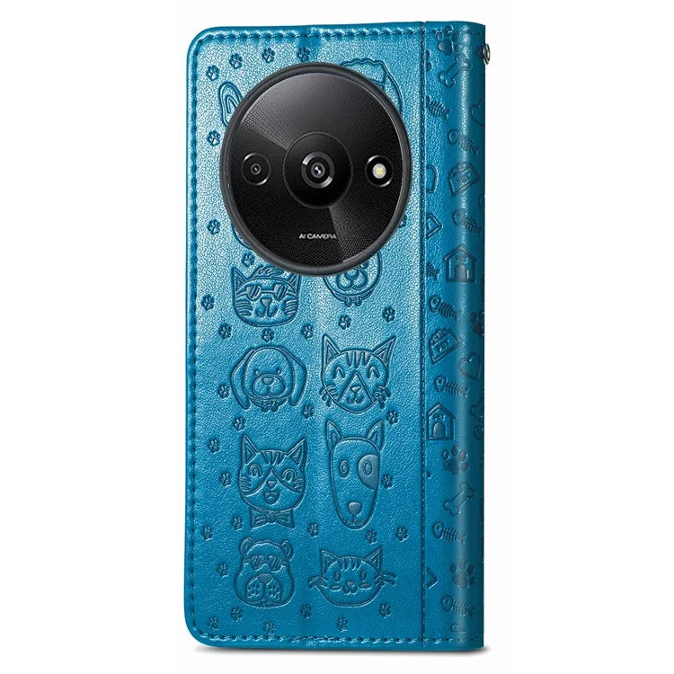 For Xiaomi Redmi A3 / Poco C61 4G Case Cute Cat Dog Imprinted PU Leather Flip Phone Cover