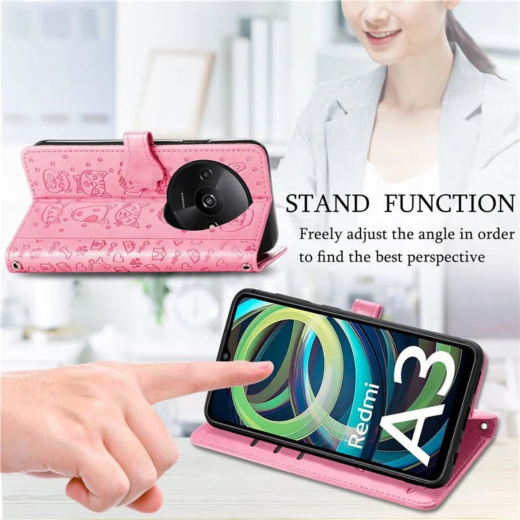For Xiaomi Redmi A3 / Poco C61 4G Case Cute Cat Dog Imprinted PU Leather Flip Phone Cover