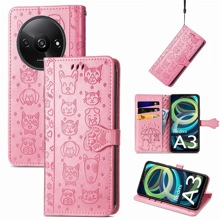 For Xiaomi Redmi A3 / Poco C61 4G Case Cute Cat Dog Imprinted PU Leather Flip Phone Cover
