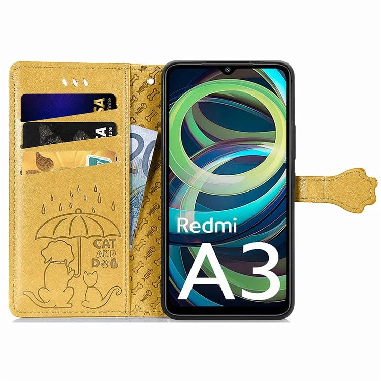 For Xiaomi Redmi A3 / Poco C61 4G Case Cute Cat Dog Imprinted PU Leather Flip Phone Cover