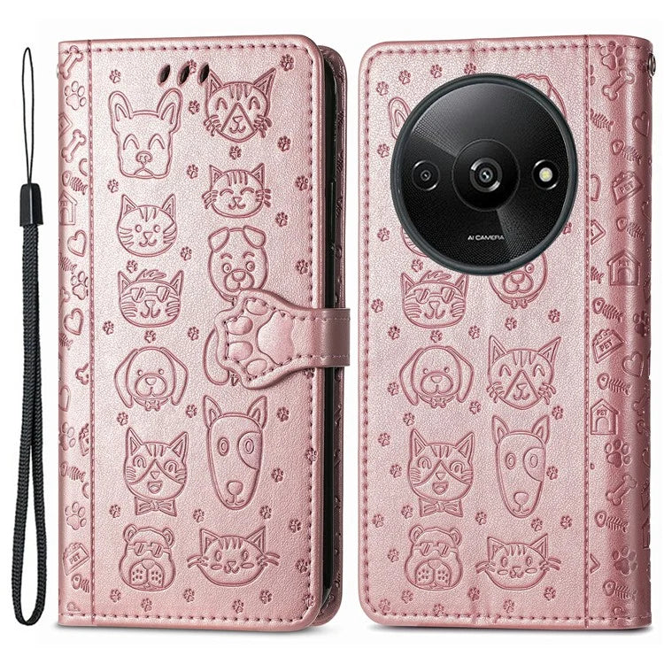 For Xiaomi Redmi A3 / Poco C61 4G Case Cute Cat Dog Imprinted PU Leather Flip Phone Cover