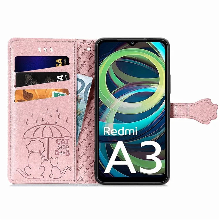 For Xiaomi Redmi A3 / Poco C61 4G Case Cute Cat Dog Imprinted PU Leather Flip Phone Cover