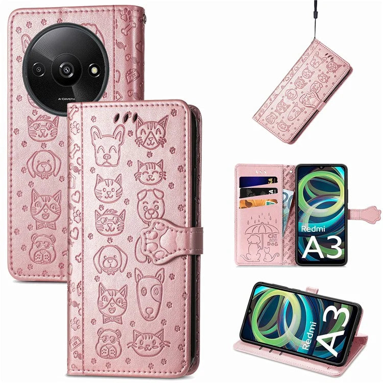 For Xiaomi Redmi A3 / Poco C61 4G Case Cute Cat Dog Imprinted PU Leather Flip Phone Cover