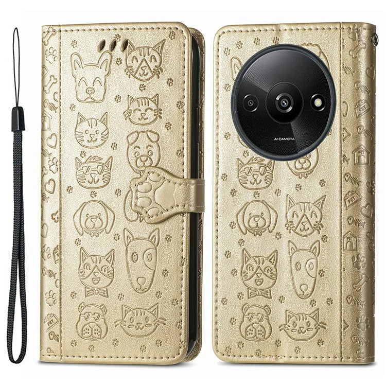 For Xiaomi Redmi A3 / Poco C61 4G Case Cute Cat Dog Imprinted PU Leather Flip Phone Cover