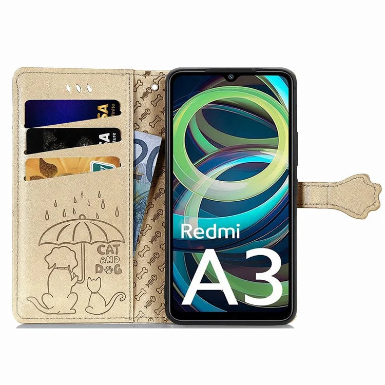 For Xiaomi Redmi A3 / Poco C61 4G Case Cute Cat Dog Imprinted PU Leather Flip Phone Cover