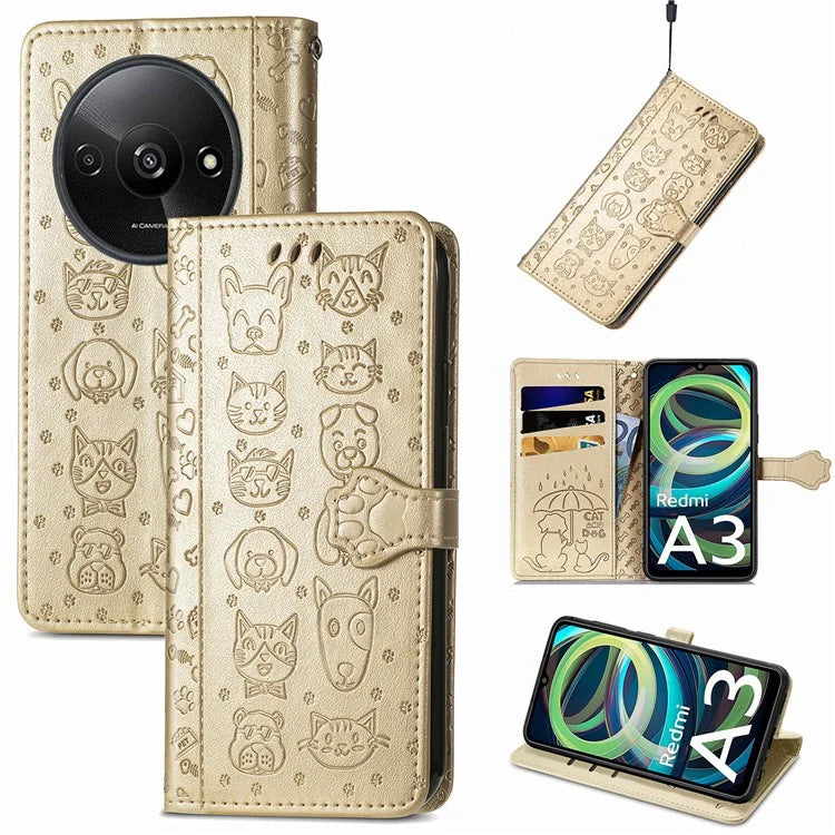 For Xiaomi Redmi A3 / Poco C61 4G Case Cute Cat Dog Imprinted PU Leather Flip Phone Cover