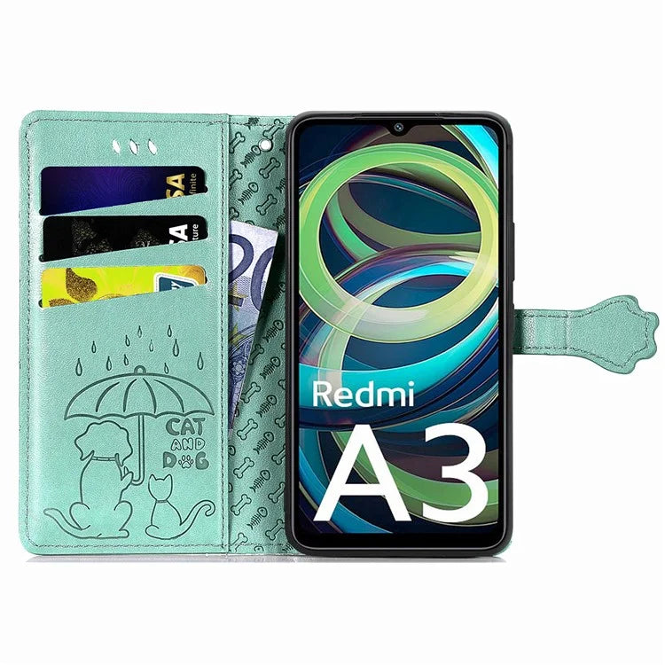 For Xiaomi Redmi A3 / Poco C61 4G Case Cute Cat Dog Imprinted PU Leather Flip Phone Cover