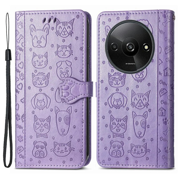 For Xiaomi Redmi A3 / Poco C61 4G Case Cute Cat Dog Imprinted PU Leather Flip Phone Cover