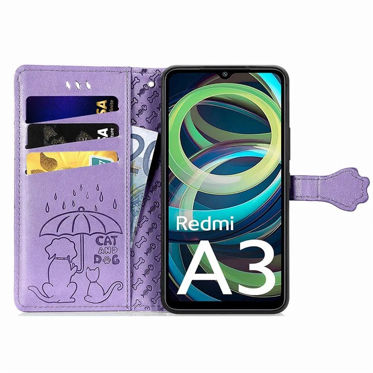 For Xiaomi Redmi A3 / Poco C61 4G Case Cute Cat Dog Imprinted PU Leather Flip Phone Cover