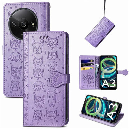 For Xiaomi Redmi A3 / Poco C61 4G Case Cute Cat Dog Imprinted PU Leather Flip Phone Cover