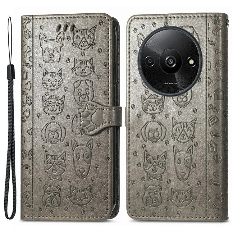 For Xiaomi Redmi A3 / Poco C61 4G Case Cute Cat Dog Imprinted PU Leather Flip Phone Cover