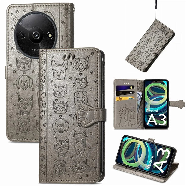 For Xiaomi Redmi A3 / Poco C61 4G Case Cute Cat Dog Imprinted PU Leather Flip Phone Cover