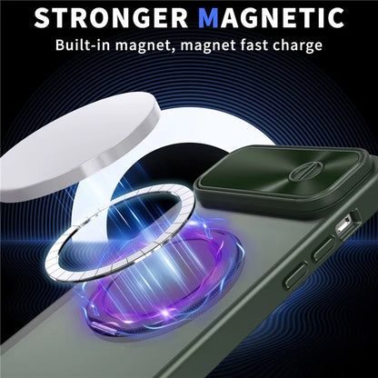 For iPhone 13 / 14 Case Compatible with MagSafe Kickstand Hard PC Phone Cover with Sliding Lens Guard