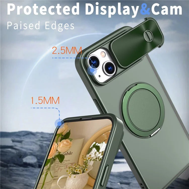 For iPhone 13 / 14 Case Compatible with MagSafe Kickstand Hard PC Phone Cover with Sliding Lens Guard