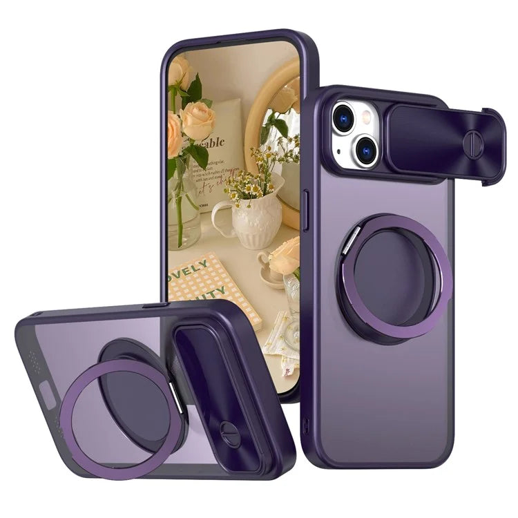 For iPhone 13 / 14 Case Compatible with MagSafe Kickstand Hard PC Phone Cover with Sliding Lens Guard