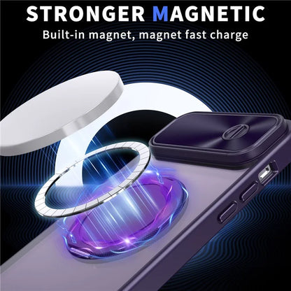 For iPhone 13 / 14 Case Compatible with MagSafe Kickstand Hard PC Phone Cover with Sliding Lens Guard