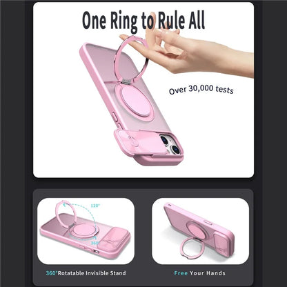 For iPhone 13 / 14 Case Compatible with MagSafe Kickstand Hard PC Phone Cover with Sliding Lens Guard