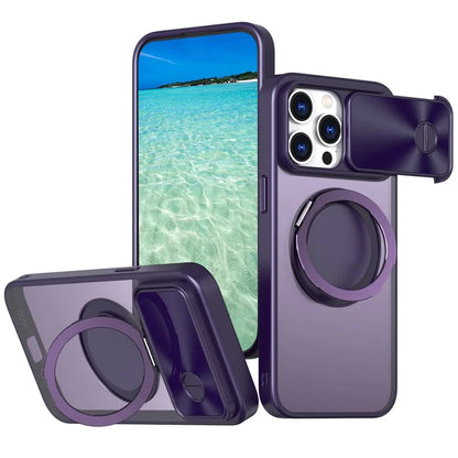 For iPhone 14 Pro Max Magnetic Case Kickstand Hard PC Phone Shell with Lens Protector