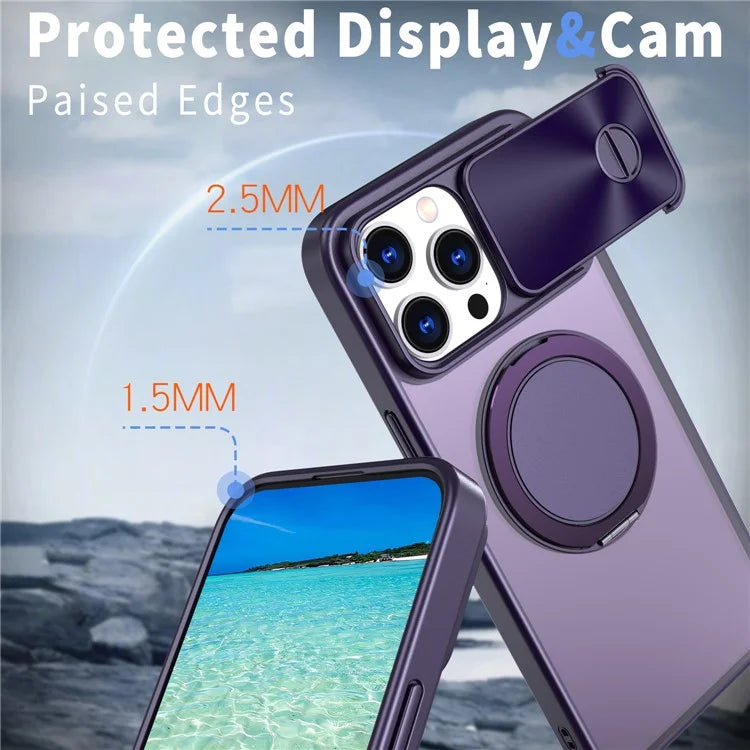 For iPhone 14 Pro Max Magnetic Case Kickstand Hard PC Phone Shell with Lens Protector