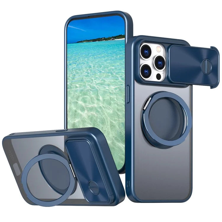 For iPhone 14 Pro Max Magnetic Case Kickstand Hard PC Phone Shell with Lens Protector