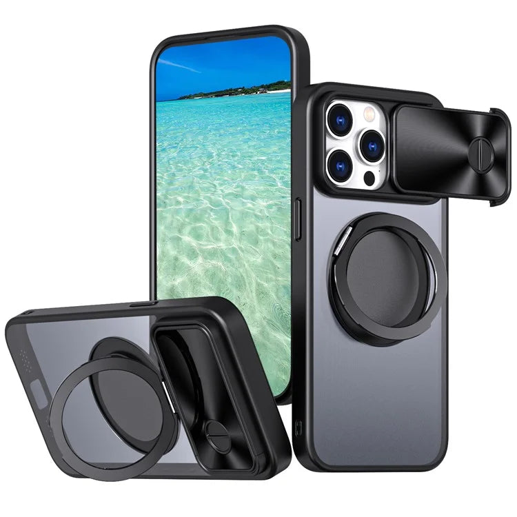 For iPhone 14 Pro Max Magnetic Case Kickstand Hard PC Phone Shell with Lens Protector