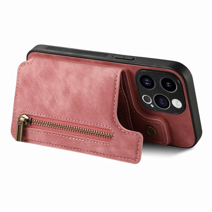 D15 For iPhone 13 Pro 6.1 inch Case Zipper Pocket Kickstand PU Leather+TPU Anti-drop Phone Cover