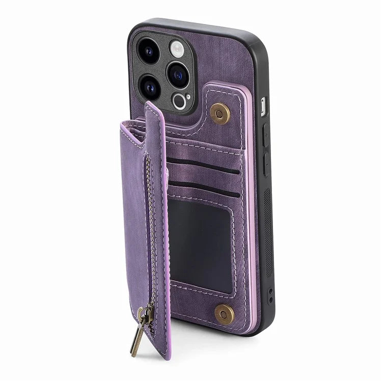 D15 For iPhone 13 Pro 6.1 inch Case Zipper Pocket Kickstand PU Leather+TPU Anti-drop Phone Cover