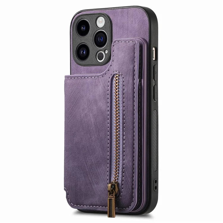 D15 For iPhone 13 Pro 6.1 inch Case Zipper Pocket Kickstand PU Leather+TPU Anti-drop Phone Cover
