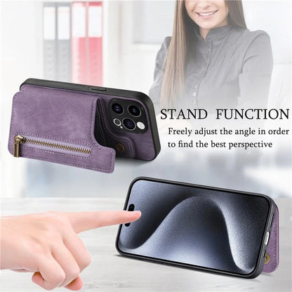 D15 For iPhone 13 Pro 6.1 inch Case Zipper Pocket Kickstand PU Leather+TPU Anti-drop Phone Cover
