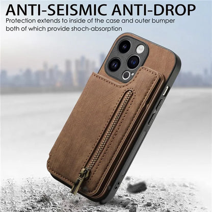 D15 For iPhone 13 Pro 6.1 inch Case Zipper Pocket Kickstand PU Leather+TPU Anti-drop Phone Cover
