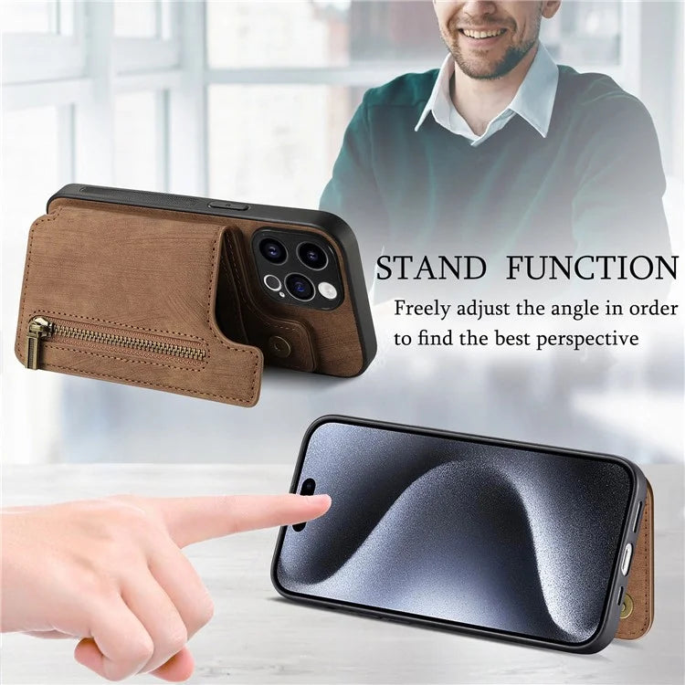 D15 For iPhone 13 Pro 6.1 inch Case Zipper Pocket Kickstand PU Leather+TPU Anti-drop Phone Cover