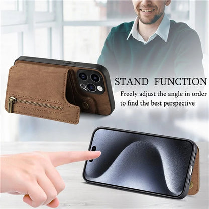 D15 For iPhone 13 Pro 6.1 inch Case Zipper Pocket Kickstand PU Leather+TPU Anti-drop Phone Cover