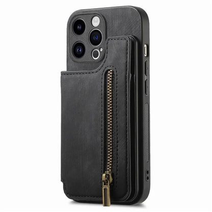 D15 For iPhone 13 Pro 6.1 inch Case Zipper Pocket Kickstand PU Leather+TPU Anti-drop Phone Cover
