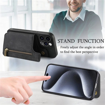 D15 For iPhone 13 Pro 6.1 inch Case Zipper Pocket Kickstand PU Leather+TPU Anti-drop Phone Cover