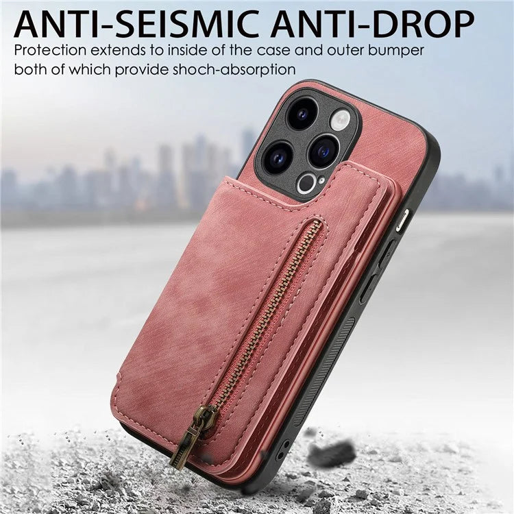 D15 For iPhone 13 Pro Max 6.7 inch Case Zipper Wallet Card Slots Leather+TPU Anti-shock Phone Cover