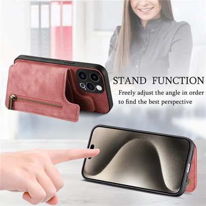 D15 For iPhone 13 Pro Max 6.7 inch Case Zipper Wallet Card Slots Leather+TPU Anti-shock Phone Cover