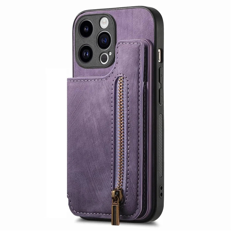 D15 For iPhone 13 Pro Max 6.7 inch Case Zipper Wallet Card Slots Leather+TPU Anti-shock Phone Cover