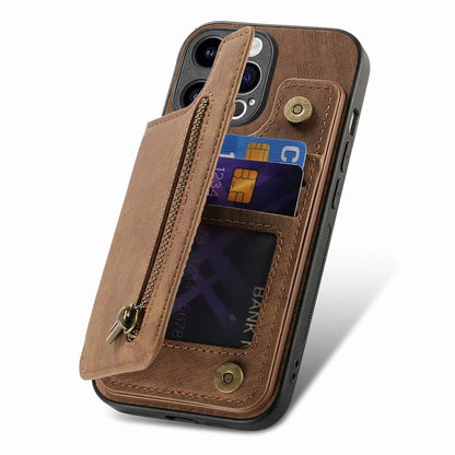 D15 For iPhone 13 Pro Max 6.7 inch Case Zipper Wallet Card Slots Leather+TPU Anti-shock Phone Cover