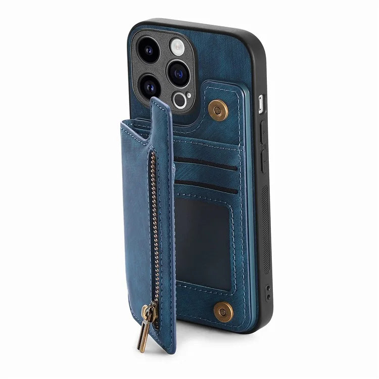 D15 For iPhone 13 Pro Max 6.7 inch Case Zipper Wallet Card Slots Leather+TPU Anti-shock Phone Cover