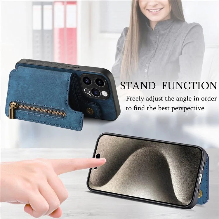 D15 For iPhone 13 Pro Max 6.7 inch Case Zipper Wallet Card Slots Leather+TPU Anti-shock Phone Cover