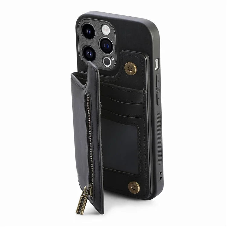 D15 For iPhone 13 Pro Max 6.7 inch Case Zipper Wallet Card Slots Leather+TPU Anti-shock Phone Cover