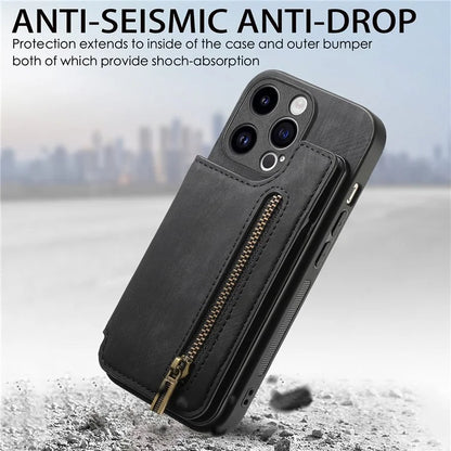 D15 For iPhone 13 Pro Max 6.7 inch Case Zipper Wallet Card Slots Leather+TPU Anti-shock Phone Cover