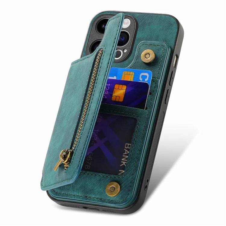 D15 For iPhone 13 Pro Max 6.7 inch Case Zipper Wallet Card Slots Leather+TPU Anti-shock Phone Cover