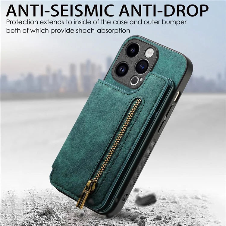 D15 For iPhone 13 Pro Max 6.7 inch Case Zipper Wallet Card Slots Leather+TPU Anti-shock Phone Cover