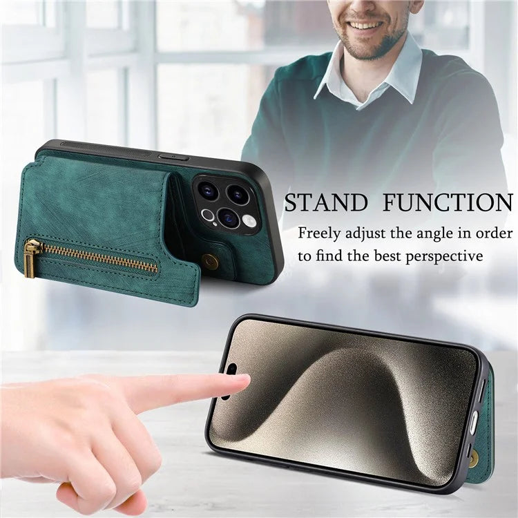 D15 For iPhone 13 Pro Max 6.7 inch Case Zipper Wallet Card Slots Leather+TPU Anti-shock Phone Cover